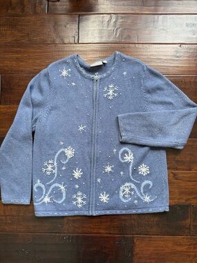 Croft & Barrow Blue Zip Front Cardigan with Snowflake Embroidery
